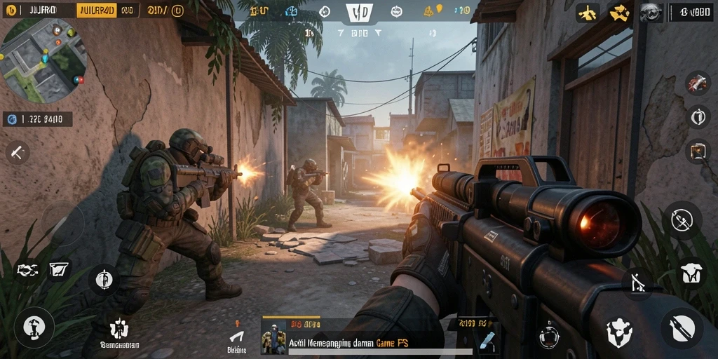 Tampilan gameplay intens dari JUJUR4D dalam pertempuran FPS.