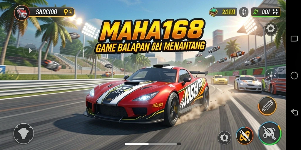 Screenshot gameplay MAHA168 menampilkan aksi balapan mendebarkan.
