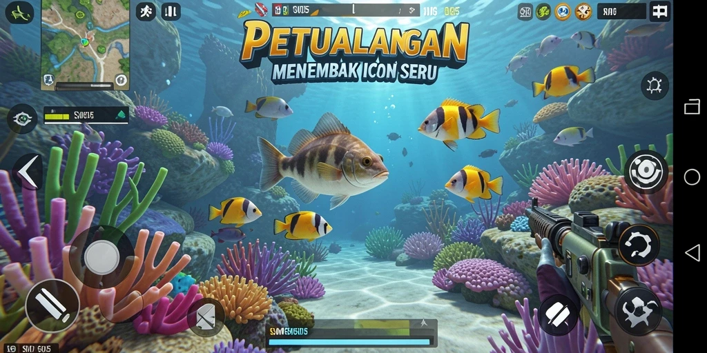 Tangkapan layar gameplay SM605 menampilkan aksi menembak ikan yang seru.